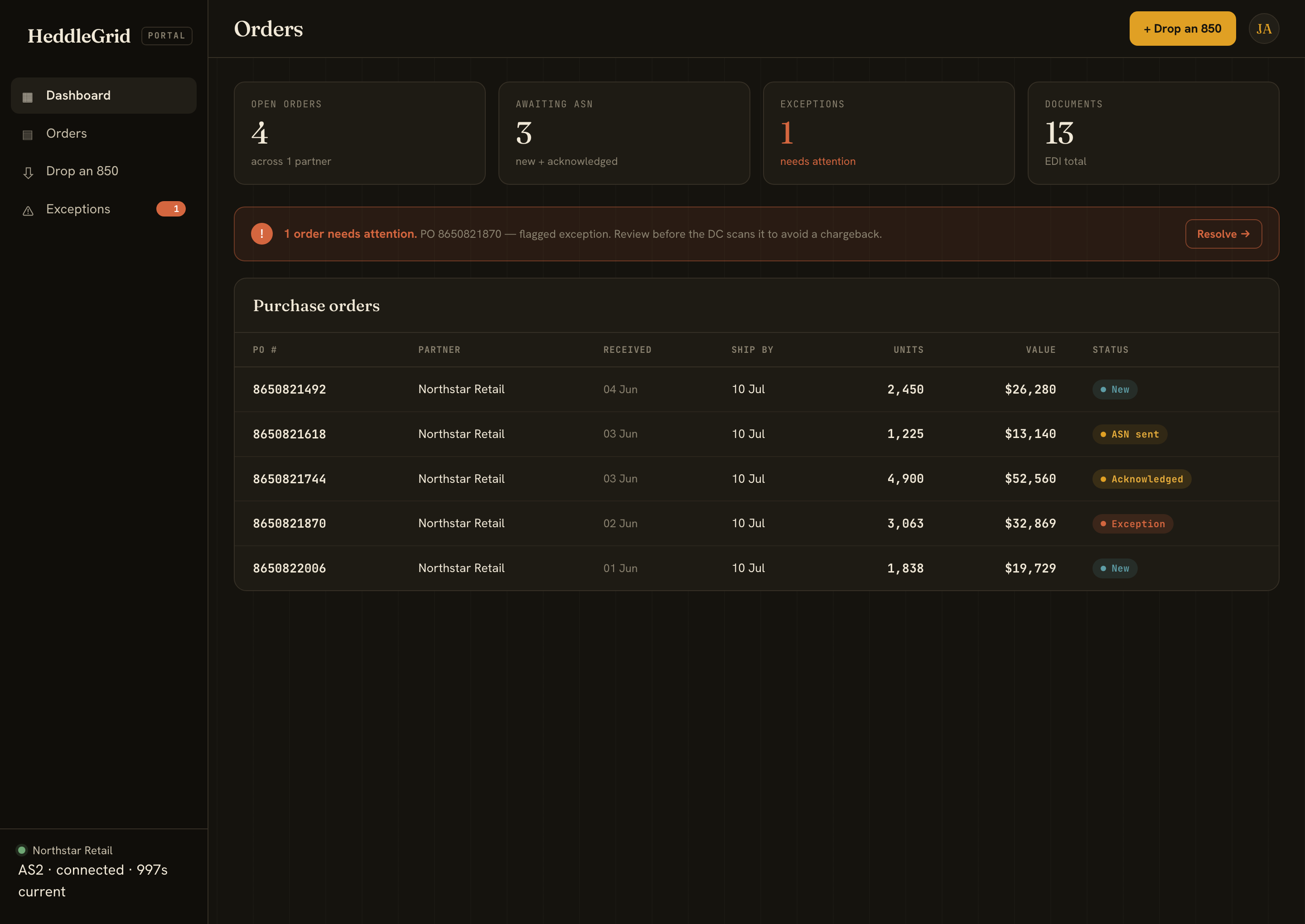 HeddleGrid portal — orders dashboard with document lifecycle and exception queue