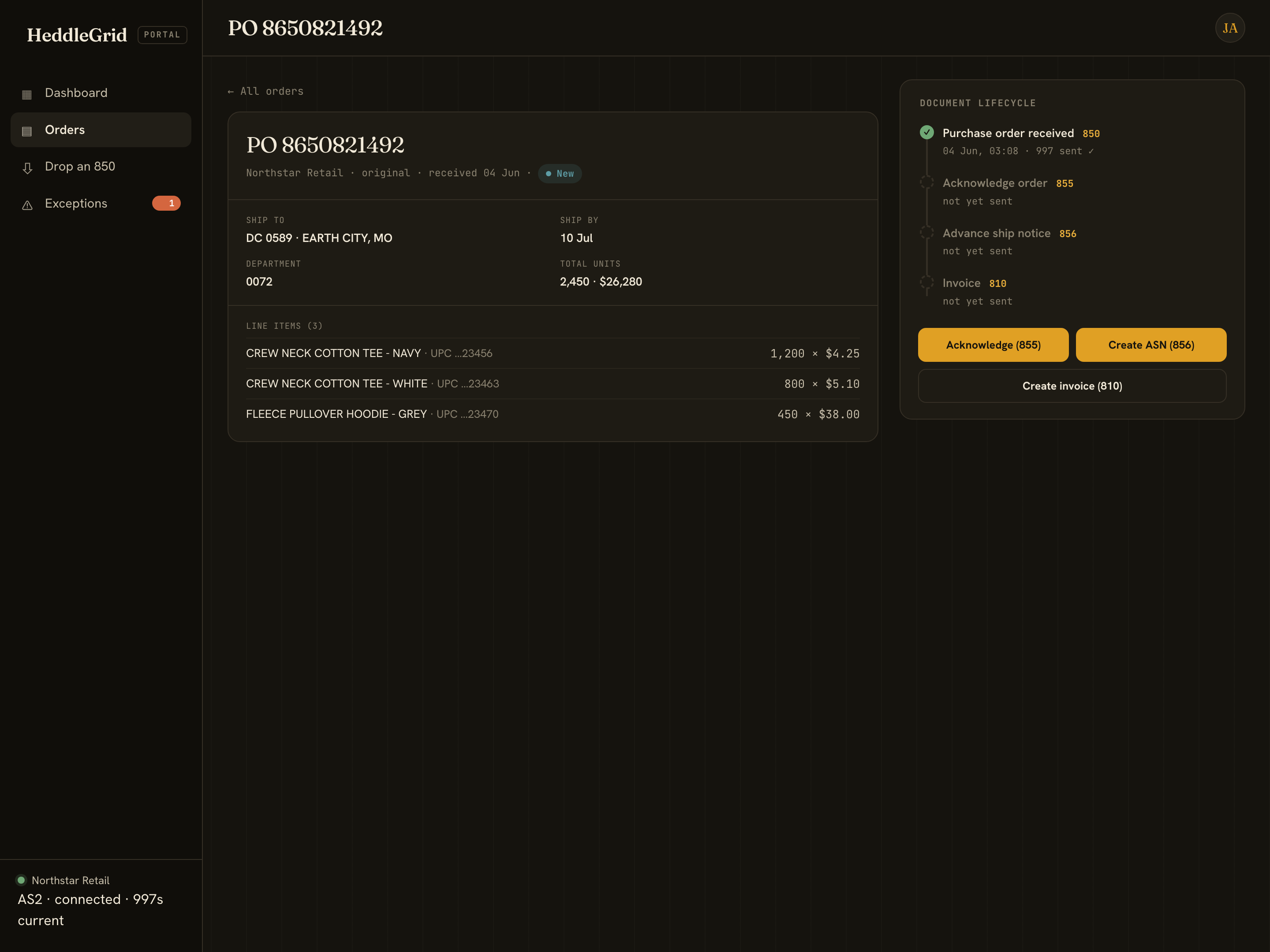 HeddleGrid portal — order detail with document lifecycle and 855/856/810 actions